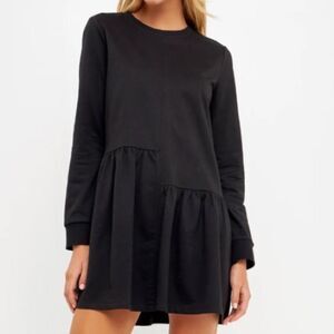 English Factory Knit Unbalanced Seam Long Sleeve Mini Dress in Black Size Small